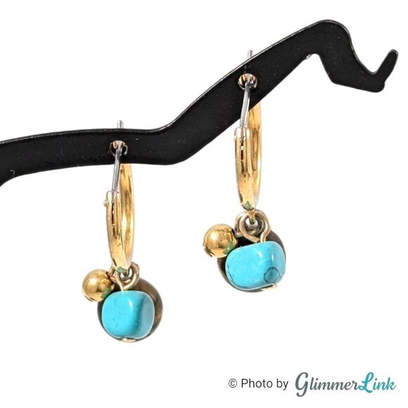 Petite Tiger's Eye Teal Stone Beaded Dangle Gold Tone Hoop Earrings - Picture 3 of 6